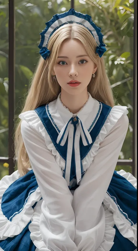 （tmasterpiece，best qualtiy，realisticlying：1.37），(From head to thighs:1.5)，（Complex and sophisticated，Highly detailed skin and face）,(Lolita costume:1.27)， (Real picture, Intricate details, Depth of field，High neck clothes),Blue eyes， parted lip, highly  de...