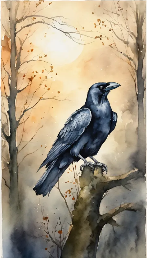 A majestic crow perches gracefully on a moss-covered tree branch in a moonlit forest, surrounded by ethereal beams of silver moonlight filtering through the canopy, conveying a sense of tranquility and mystery. Moody and atmospheric with a touch of fantasy...