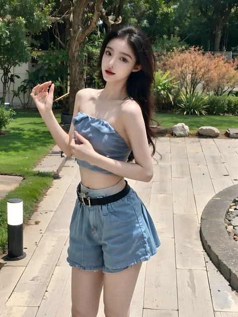 there is a woman in a skirt posing for a picture, dilraba dilmurat, trending at cgstation, photo of slim girl, xintong chen, wearing crop top and miniskirt, wearing two - piece swimsuit, photo of slim girl model, trending on cgstation, sakimichan, full-bod...