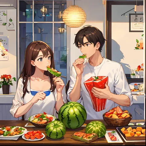 A couple eating good food，Boys feed girls watermelons