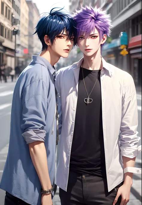 ​masterpiece, top-quality, 2Others, Male couple, 1 man and 1,, Adults, Height difference, different fashion, different color, finely eye and detailed face, intricate detailes, Casual clothing, Oversized shirt, Modern urban streets, A smile, Happiness, tend...