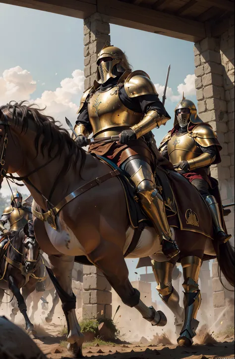 The Royal Knights Legion on war horses is charging，holy crusader medieval，heavy cavalry，golden armour，Super spear，Feeling of heaviness，3Drenderingof，4K,ultra-realistic image，Gongbi style，Light of the Golden Age，Wide- angle view，Strong contrast