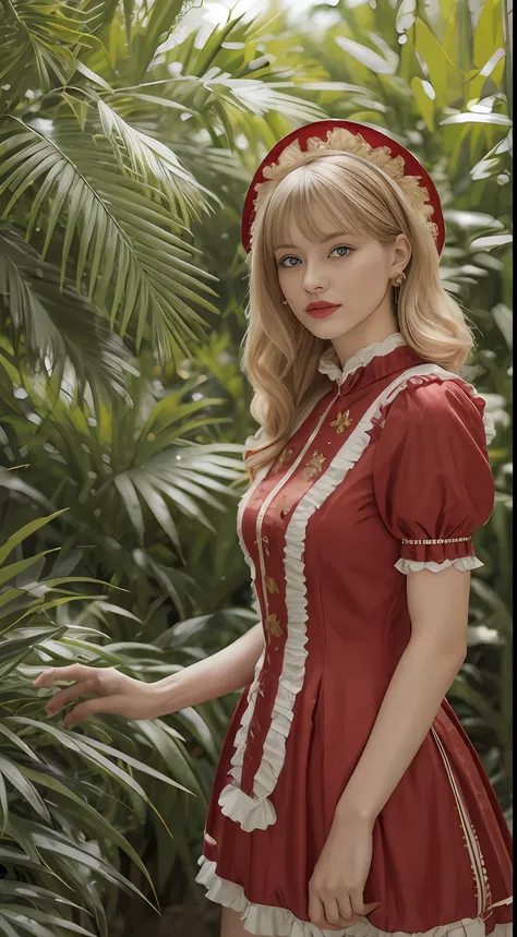 （tmasterpiece，best qualtiy，realisticlying：1.37），(From head to thighs:1.5)，（Complex and sophisticated，Highly detailed skin and face）,(Red Lolita costume:1.27)， (Real picture, Intricate details, Depth of field，High neck clothes),Blue eyes， parted lip, highly...