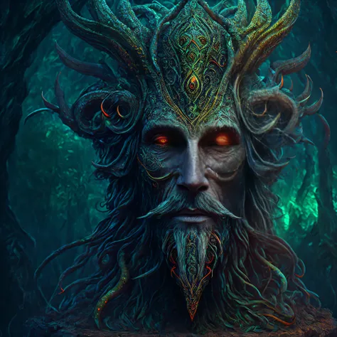 There is a sculpture of an old male shaman with a head made of roots, arte psytrance, hyper - detailed visionary art, hyper detailed visionary art, Symmetrical Epic Fantasy Art, arte lovecraft, highly detailed visionary art, Criatura marinha lovecraftiana,...