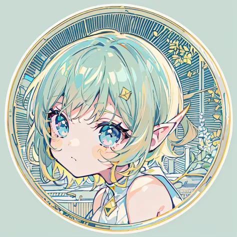 sticker, cute anime girl head,emerald green short hair,light blue eyes，long pointed ears，white dresses，color pigments，in circle,...