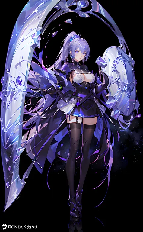 best qualityer，tmasterpiece，Ultimate resolution，downy，Extremely colorful，Colorful，Lady Knight，Royal Sister，Blue-purple armor skirt，Full body set with gemstones，amethyst，huge tit，（Short thin purple hair，High ponytail），Shield set with precious stones，jewelry...