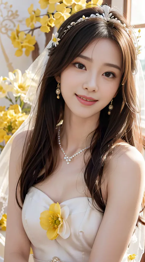 A beautyful girl，long whitr hair，(Wear a beautiful wedding dress)，(A delicate crown was worn over his hair)，A pair of shiny pearl earrings hang from the ears，A beautiful necklace was worn around his neck，Sweet smiling，His face flushed，ssmile，(Yellow flower...