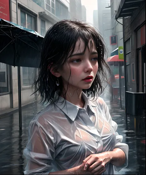 Drenched in unexpected rain ::5 wet shirt clinging to body contours ::4 water droplets glistening, fabric transparency increased ::3 sense of surprise and discomfort ::2 urban backdrop with rain-soaked streets