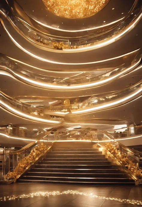 golden decorations，Crystal staircase，The gorgeous Costa cruise ship sails gracefully through the waters, Its sleek white design is complemented by vibrant deck lights. The scene depicts the atmosphere halfway through, Soft lighting, Masterpiece, Best quali...