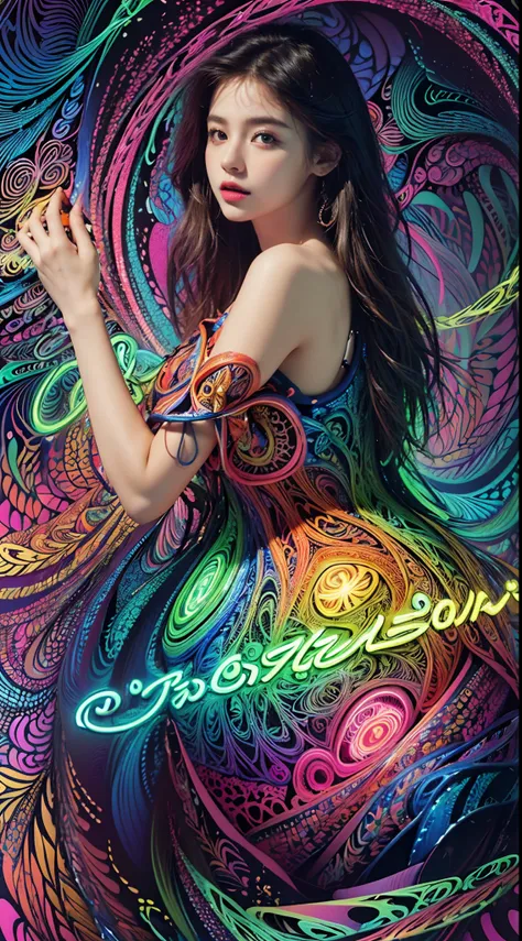 (masterpiece, top quality, best quality, official art, beautiful and aesthetic:1.2), (1girl:1.3), extremely detailed,(fractal art:1.2),colorful,highest detailed,( zentangle neon:1.2), (dynamic pose), (abstract background neon:1.5), (treditional dress:1.2),...