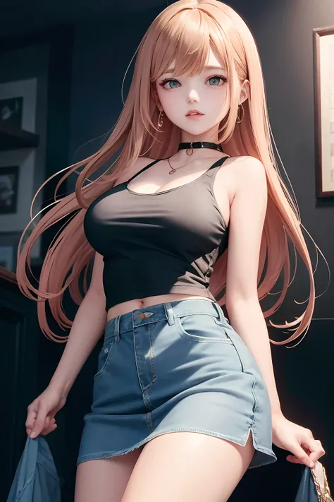 （（large full breasts、tomgirl、Head））、（the perfect body：1.1）、（longwavy hair：1.2）、Ahoge、reddish brown、collars、chain、bustup、Crowded city、Black tank top、jean jacket、（Short skirt）、（Very elaborate CG 8K wallpapers）、（extremely delicate and beautiful）、（​masterpiece...