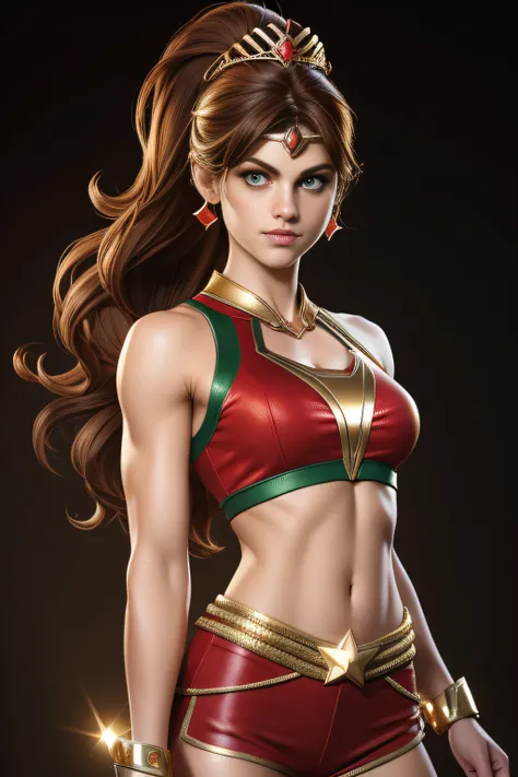 Sexy alexandra daddario as a beautiful female superheroine , green eyes brown hair, ponytail, red sleeveless crop shirt, with a golden Star, midriff  wears (a golden tiara with a red gem  on forehead)  , golden bracelets, long red boots, and small red shor...