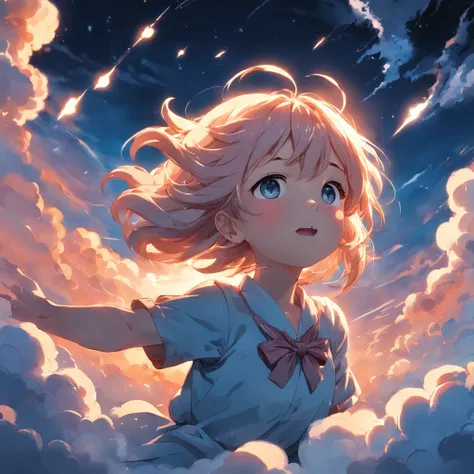 masterpiece, best quality, movie still, 1girl, cloud girl, floating in the sky, close-up, bright, happy, warm soft lighting, sunset, (sparks:0.7)