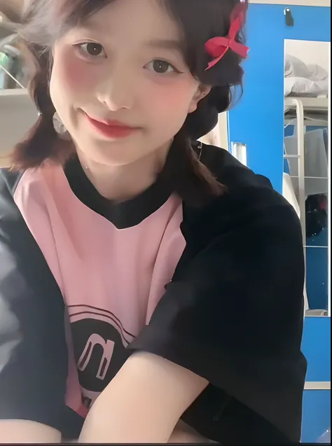 there is a woman with a flower in her hair posing for a picture, She has a cute face, Ruan cute vtuber, wan adorable korean face, she has a cute expressive face, cute girl with short pink hair, ulzzangs, tiktok video, young and cute girl, low quality video...