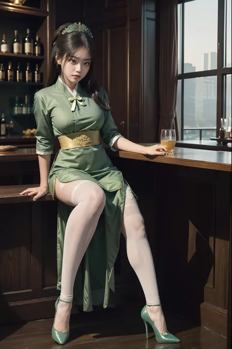 (full body:1.5)，(1girl:1.3),(view the viewer:1.4)，(anatomy correct:1.3),(Sitting at the bar drinking alcohol:1.2),(A Dark Sea Green Qing Dynasty palace maid uniform :1.2),( Very thick Lime Pantyhose:1.3),( girl pointed thick heels :1.1)，(Accurate and perfe...