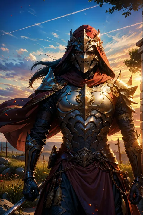 （（Equipped with an oversized and heavy scepter）），Bronze rustic and heavy armor，Extra thick helmet，The armor has intricate patterns，（（The mask is smooth）），Wrap the whole body，（（Red cape）），（（Beautiful royal knights）），Beautiful face，Half-body view，（（Pillar of...