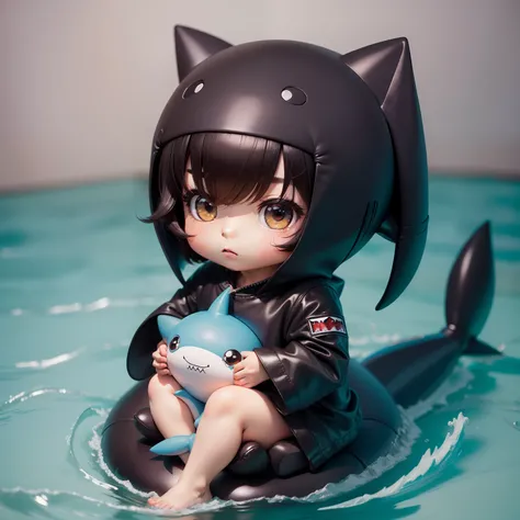 hightquality,Masterpiece, Chibi, nendoroid, Mega Mini, ninjartist, Shark hat, Shark tail, Shark costume, A dark-haired, Hairstyle Bob,