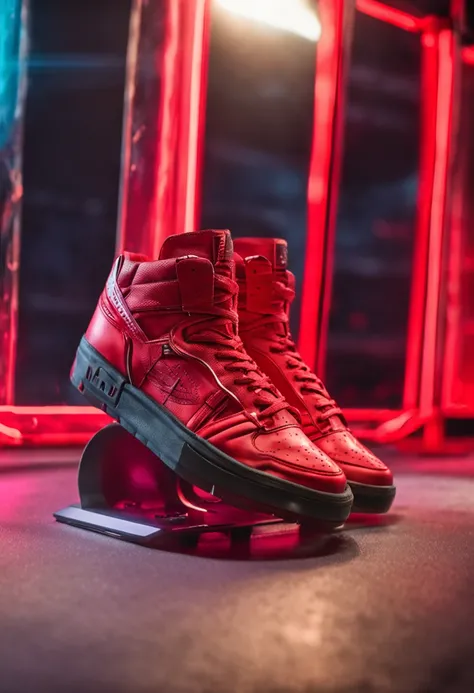 "(Product photography:1.2) showcasing a (1.1x vibrant red) not a pair sneaker with a (1.1x sleek cyberpunk) aesthetic."