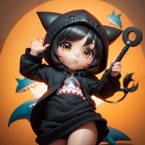 hightquality,Masterpiece, Chibi, nendoroid, Mega Mini, ninjartist, Shark hat, Shark tail, Shark costume, A dark-haired, Hairstyle Bob,