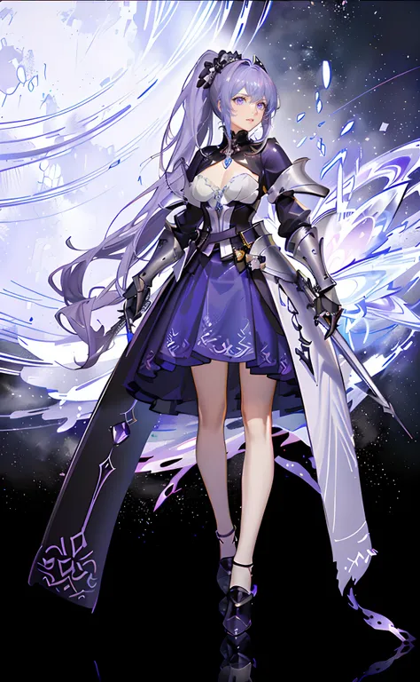 best qualityer，tmasterpiece，Ultimate resolution，downy，Extremely colorful，Colorful，Lady Knight，Royal Sister，Blue-purple armor skirt，Full body set with gemstones，amethyst，huge tit，（Short thin purple hair，High ponytail），Shield set with precious stones，jewelry...