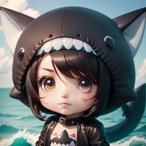 hightquality,Masterpiece, Chibi, nendoroid, Mega Mini, Shark hat, Shark costume, A dark-haired, Hairstyle Bob,