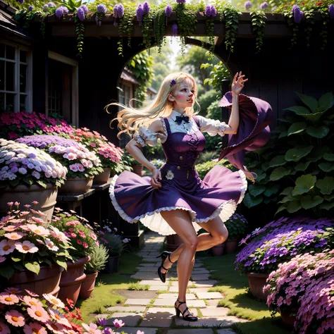 dancing girl in garden, violet dress, blond hair