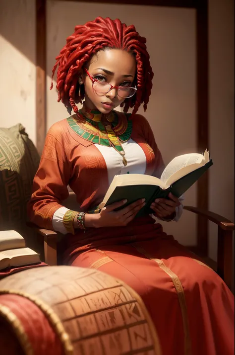 ((Beautiful African American woman:1.5)+(reading a Bible:1.2))+((short red faux locs:1.3)+(wearing glasses:1.1+brown eyes:1.1))