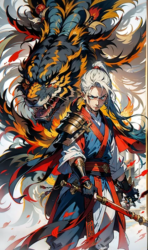 1boys， blood in face， irate， With a spear， （Fly）， Chinese mythology， The cloudy， Detailed sky， abstract backgrounds， （Flame_Surge_Style：0.5），There is an eye in the middle of the forehead，Hair coiled，hair in a ponytail，Dressed in armor，Strong body，Tall，Ther...