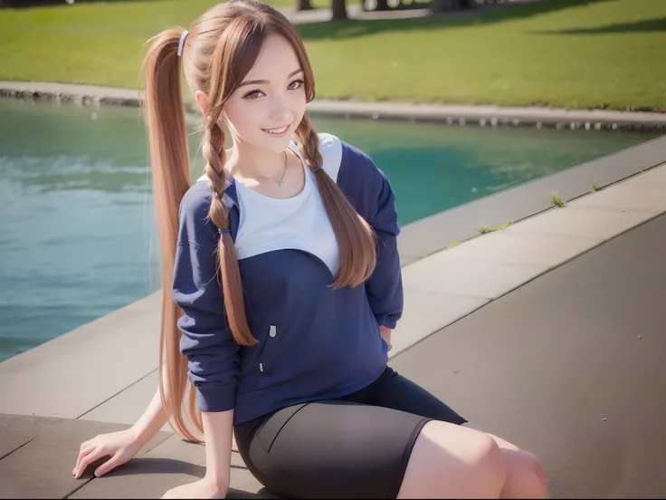 female, beauty, smile, long pigtails hair, sit at the park with lake view