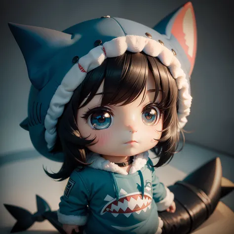 hightquality,Masterpiece, Chibi, nendoroid, Mega Mini, Shark hat, Shark hat has no ears, Shark tail, Shark costume, A dark-haired, Hairstyle Bob, Metal,