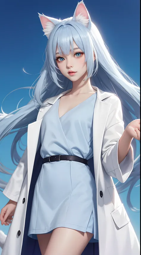 White light blue cat ears，whaite hair，White shirt，Blue rimmed white coat，Anime cat lady shoujo，A high resolution，flatchest