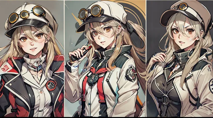 three different photographs of a woman wearing a hat and jacket, kantai collection style, girls frontline style, character artwo...