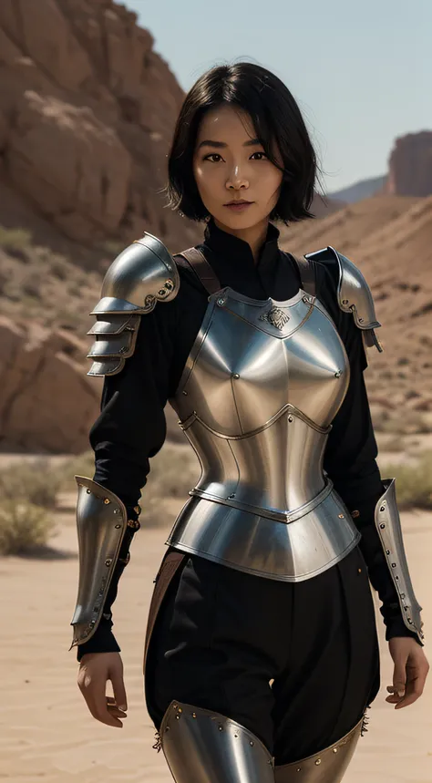 korean woman (knight, short black bob hair, holding a sword, on a desert place), looking at viewer, wearing a leather pants, cui...