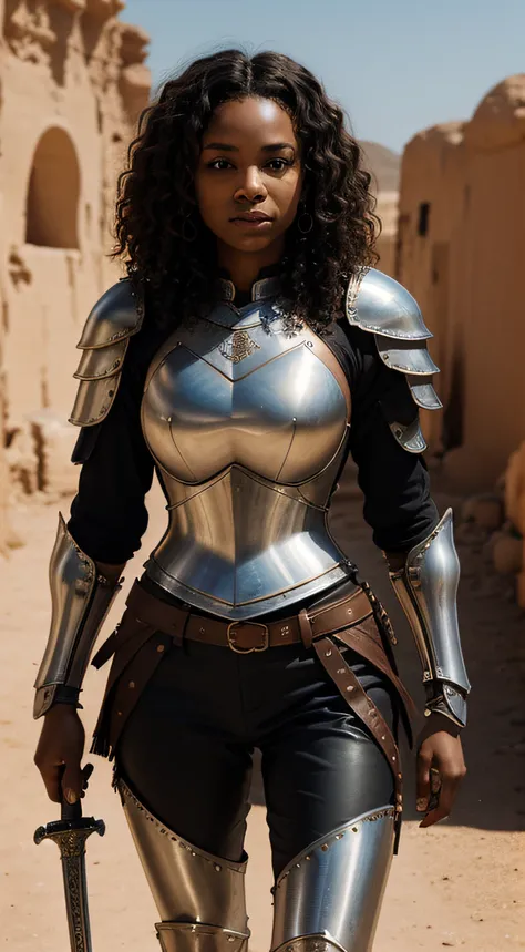 afro-american woman (knight, curly hair, holding a sword, on a desert place), looking at viewer, wearing a leather pants, cuiras...