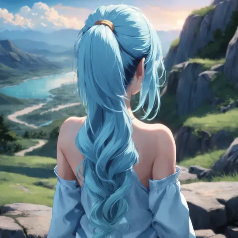 ((back view photo)) of a young beautiful girl, with her ((light blue pony tail hair)) (ful body portrait), high resolution image, 4K, magical landscape,