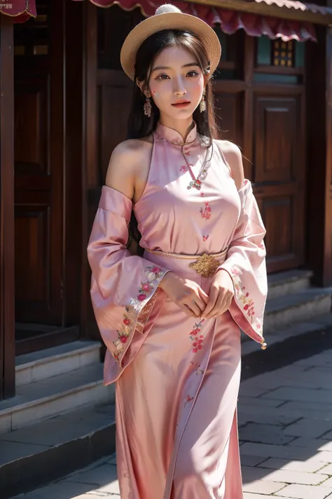 Tibetan beauties walking in the streets，She wears elegant and gorgeous traditional Tibetan clothing。Her appearance exudes a unique charm，Fair and delicate skin，It is as if moisturized by the warmth of the highland sun。Gao detailed, her eyes were dark and d...