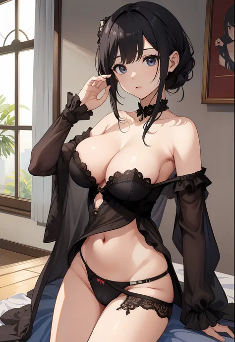 Beautiful woman in black underwear、Detailed body、bewitching、detailed picture、large full breasts、