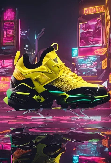 "(Product photography:1.2) featuring a (1.1x vibrant yellow) single sneaker with a (1.1x sleek cyberpunk) style."