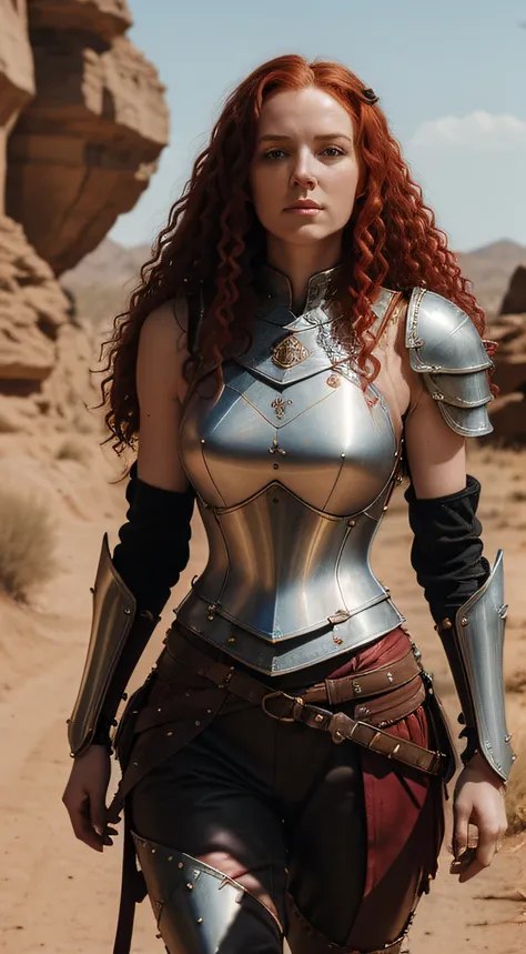 very pale woman (knight, on a desert place), ((((very very very long curlie curly red hair)))), looking at viewer, wearing (a le...