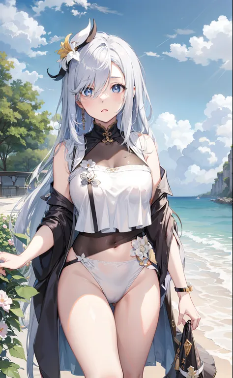 比基尼,animemanga girl,Bare with thighs,swim wears,white swimwear,white playsuit