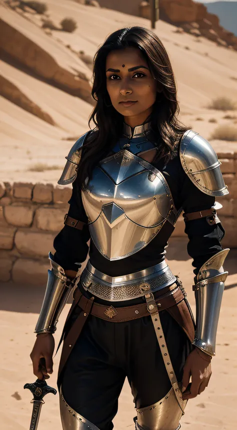 indian woman (knight, holding a sword, on a desert place), looking at viewer, wearing a leather pants, cuirass, gorget, pauldron...