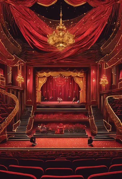 Inside the luxurious theater，A group of female dancers wearing masks are dancing，Some well-dressed visitors sit inside the theater to admire，The scene depicts an atmosphere of extravagance，Red curtain，Gold ornaments。