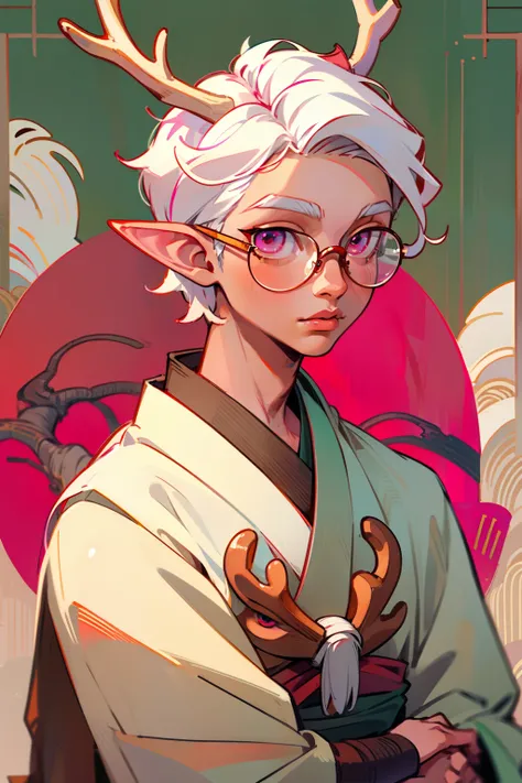 Masterpiece, Best quality, Solo, Pink eyes, White hair,wears glasses, Antlers on head, Brown skin, 1boy, elf, ancient japanese clothing, Upper body, White hair, view the viewer, Male focus, Lips, Short hair