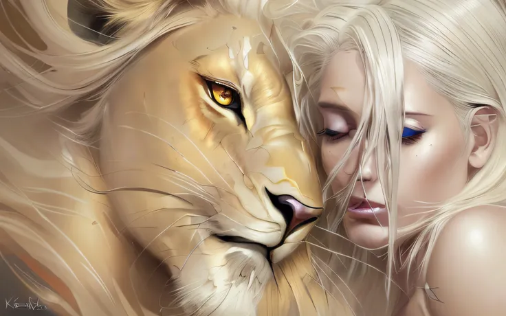 Blonde woman with white hair and a lions face, Graphic artist Magali Villeneuve, Amano e Karol Bak, Directed by: Karol Bak, belas fotos avatar, airbrush digital art, Magali Villeneuve», leoa, Amazing, airbrush digital oil painting, digital airbrush paintin...