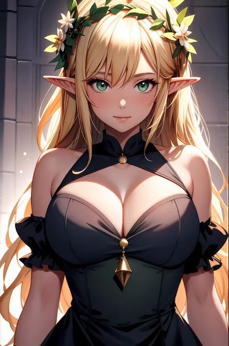 1girll, Bare shoulders, Blonde hair, Blush, Breasts, circle of the crone, cleavage, Closed mouth, dress, elf, Green eyes, head wreath, Huge breasts, laurel crown, Long hair, view the viewer, O-ring, O-ring top, Pointy ears, Simple background, Solo, Upper b...