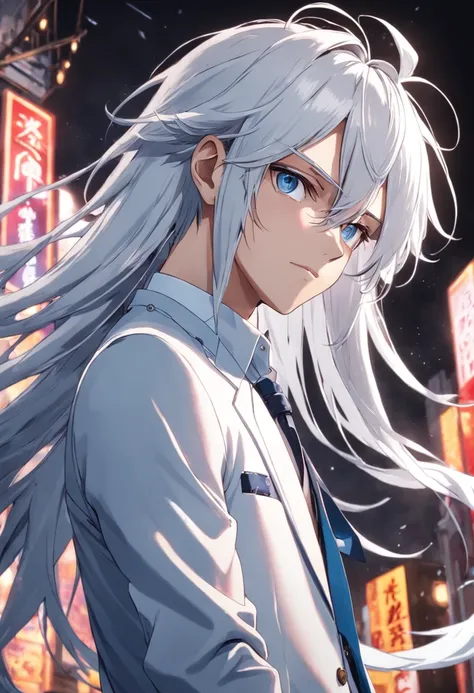 Born with long silver-white hair, well-proportioned figure, light blue pupils, height 181cm, playful expression, 20-year-old young man, wearing a strong suit, wanton posture, and staring