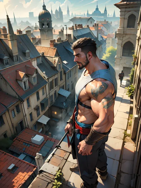 30 years old, male, assassins creed, standing on top of a roof, panoramic view of the city, stubble, huge muscles, mature man, muscle swelling, bodybuilding, chest muscles, abs, natural light, 1man, steam punk, the dark ages, ancient European city