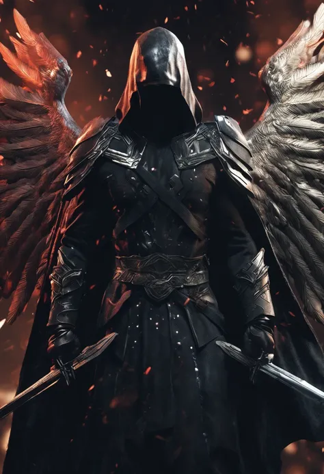 realistic, 4k, cinematic, an angel with big wings on his back, black clothes, a sword, a hood on his head in the background image of war (chaos), masterpiece