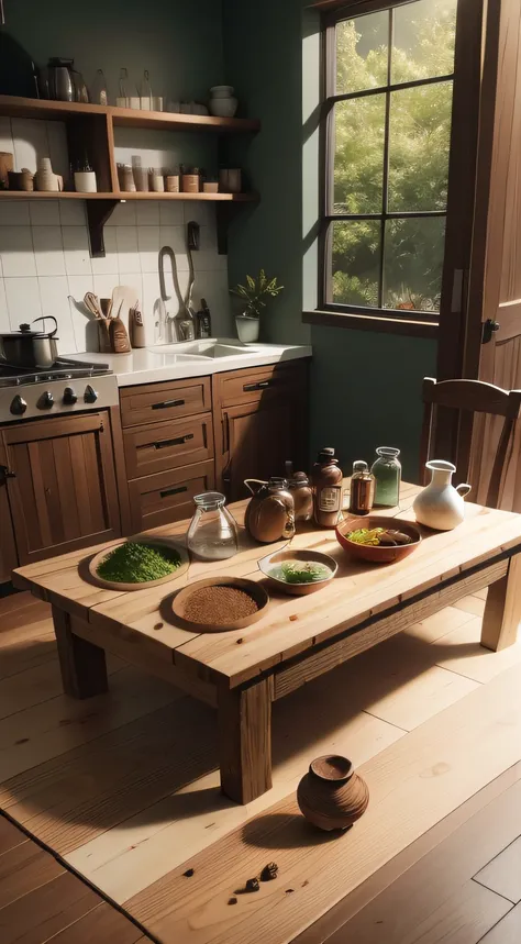 table with various ingredients scattered, alho, anis estrelado, pau de canela, condimentos, small loose grains, colher de pau, five pots with colored powders, pestle, galhos de alecrim, loose oil capsules, vidro de azeite