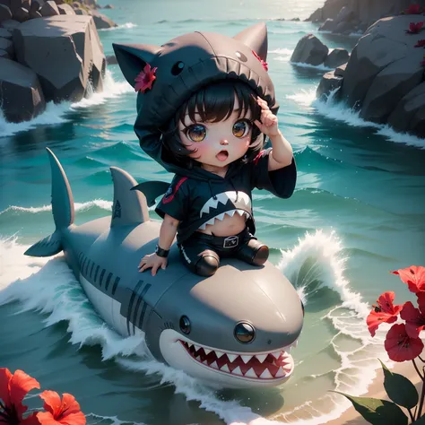 hightquality,Masterpiece, Chibi, nendoroid, Mega Mini, Shark hat, Shark tail, Shark costume, A dark-haired, Hairstyle Bob, Metal, Okinawan style, Riding a shark, hibiscus, full bodyesbian,